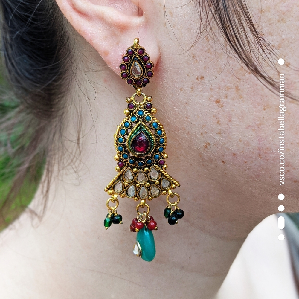 Balinese Style Garnet and Jade Earrings